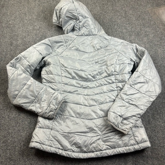 COLUMBIA Women’s Silver Puffer jacket Hooded Turbo Down 650TD Omni-heat Small - Picture 2 of 10